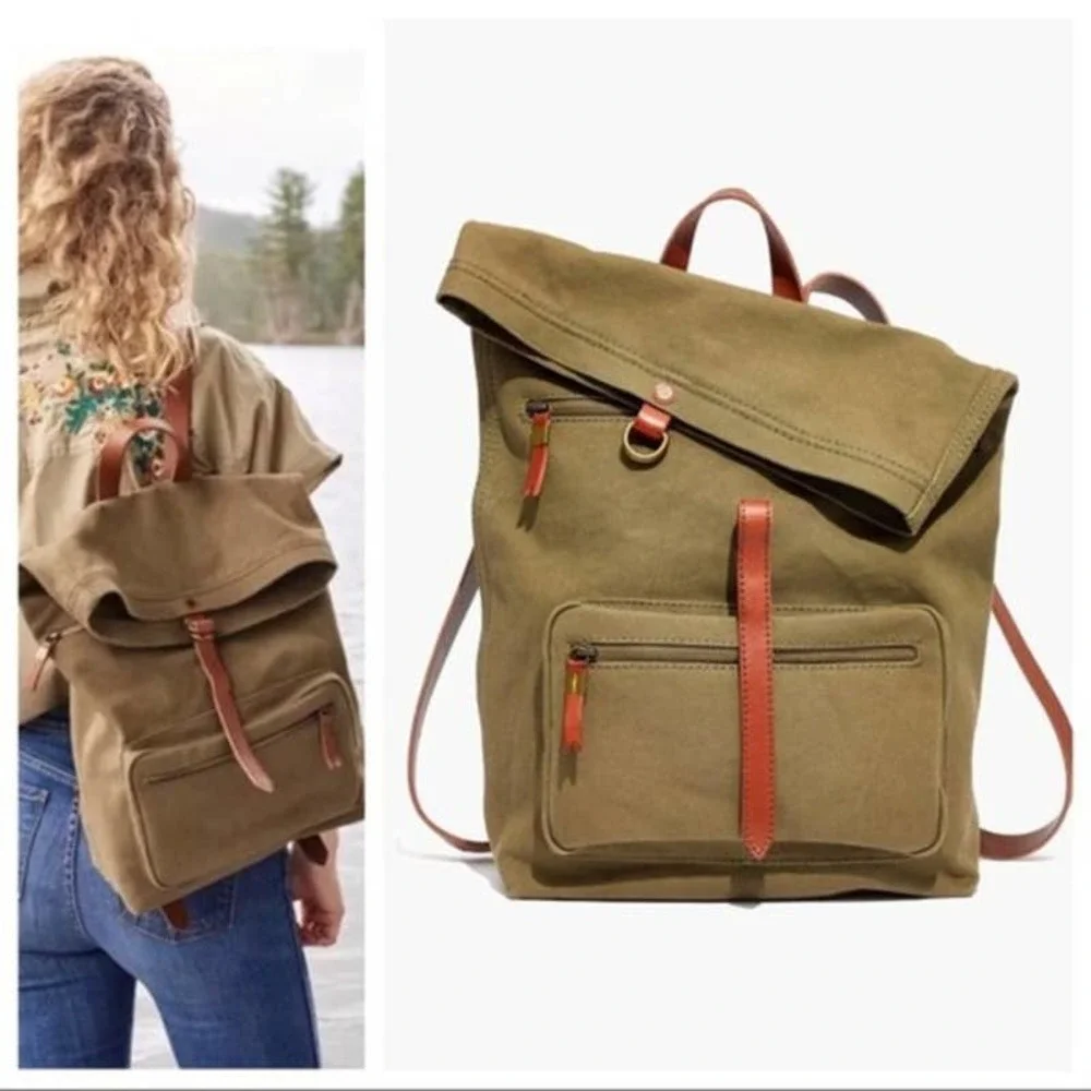 Madewell Olive Green Canvas Backpack with Brown Leather Trim